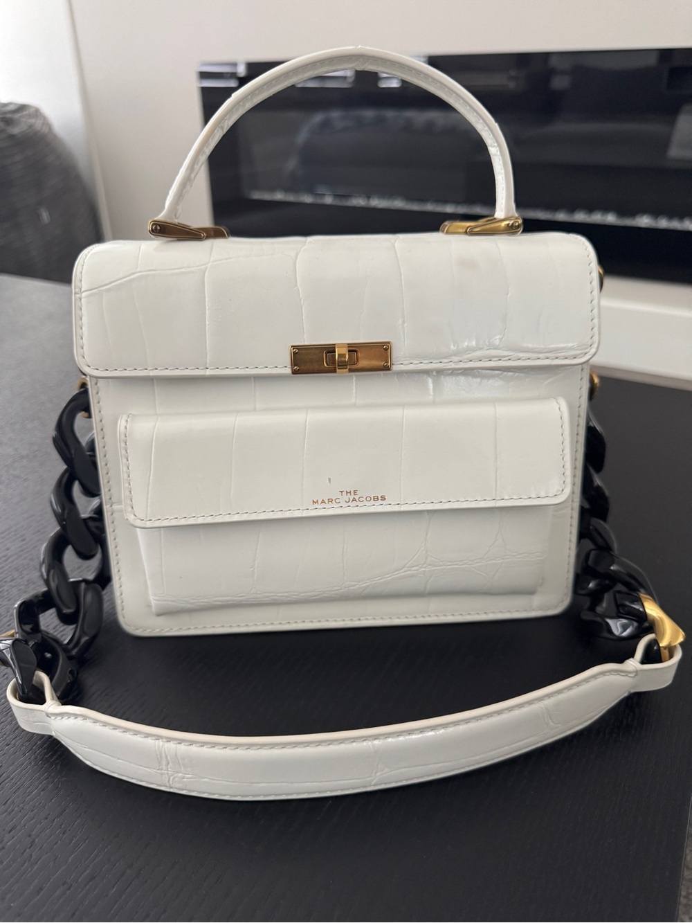 Marc Jacobs White Croc-Embossed Satchel with Black Chain Strap
